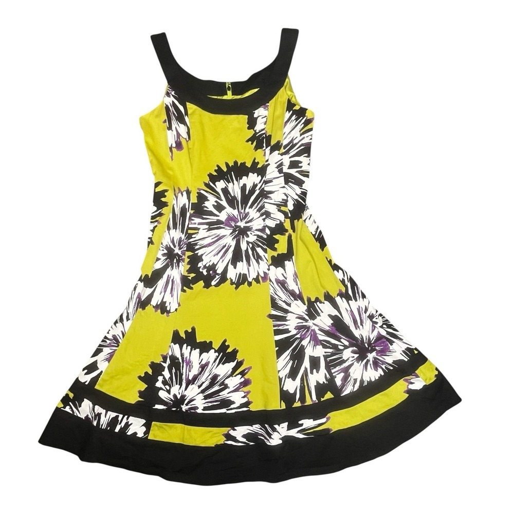 Kim Rogers Fit & Flare Dress Womens 6 Lime Green Black Floral Abstract Mod Retro